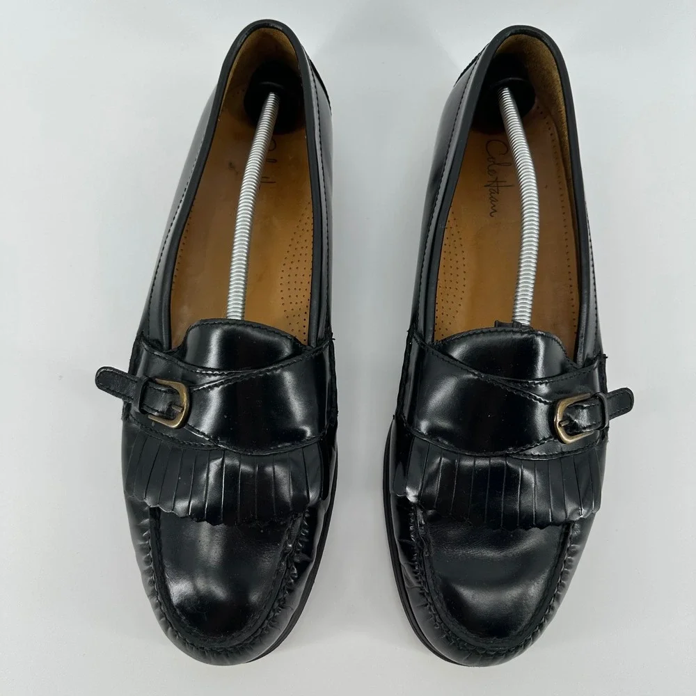 Cole Haan Black Leather Kiltie Buckle Loafers